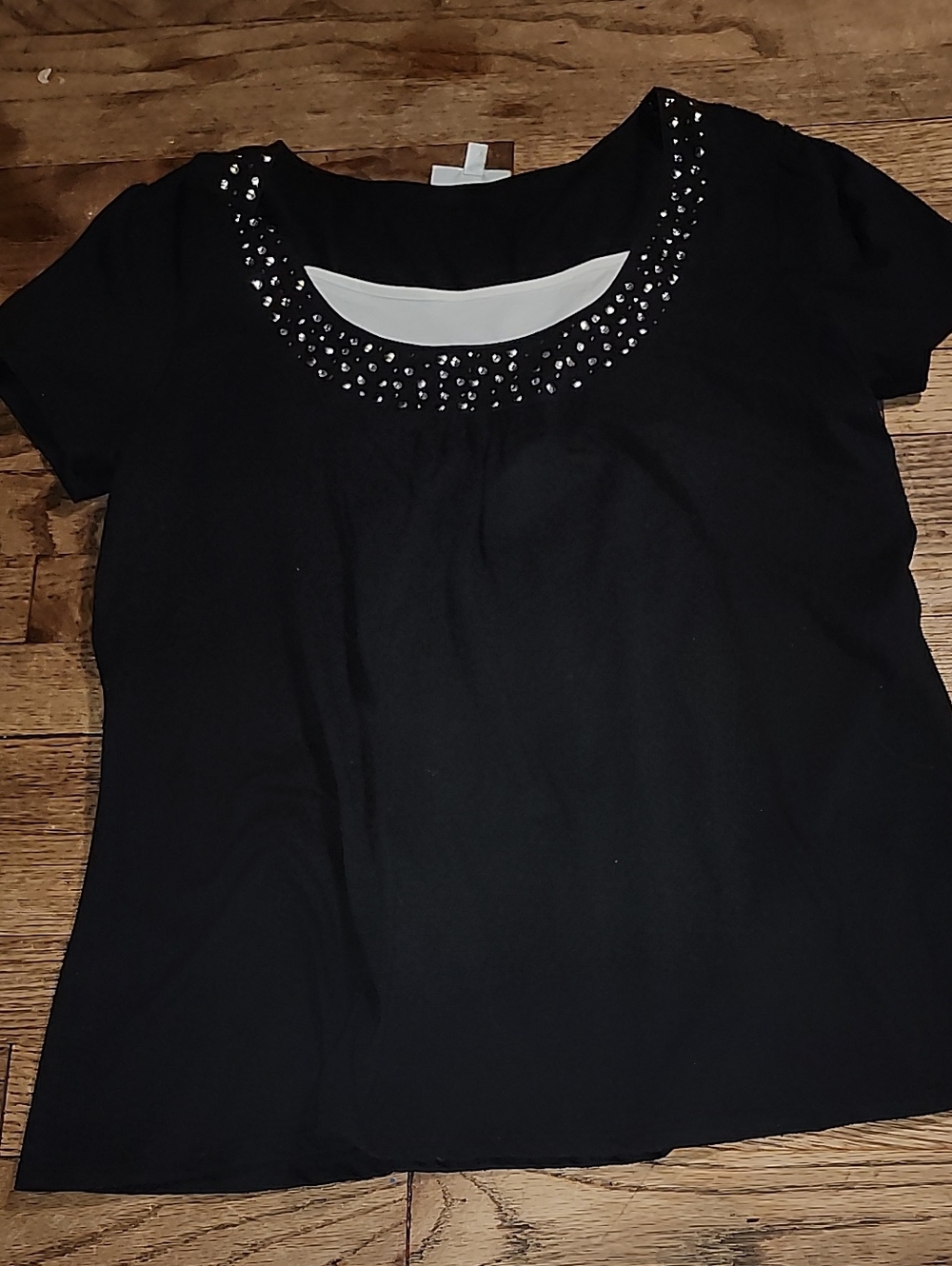 Fashion Bug Black Short Sleeve Scoop Neck Top with Studded Neckline